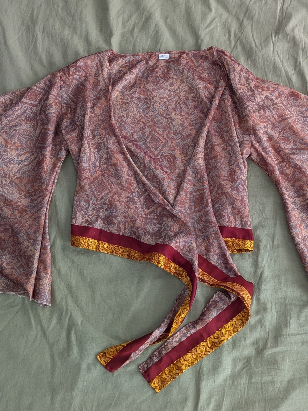 Boho Paisley Wrap Top with Maroon & Gold Trim